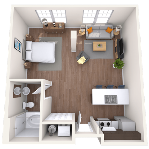 Floor plan for studio, 1 bath, 606 sqft